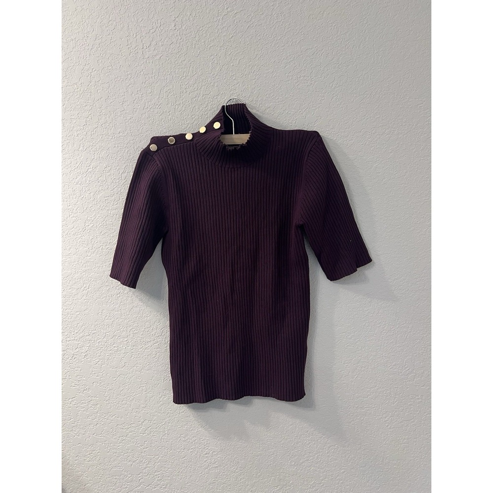 Elie Tahari Burgandy Ribbed‎ Knit Top Mock Neck Gold Button Size M Office